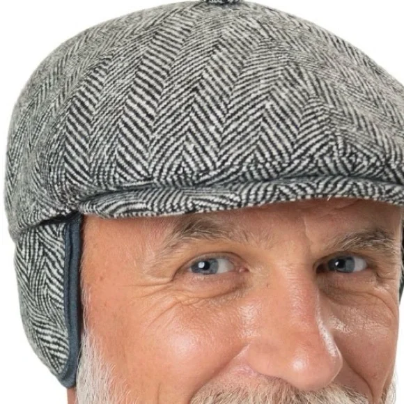 BOGNER Flap Cap Gray Herringbone Ear Flaps Classic News Boy Peaky Blinders Hat - Picture 7 of 9